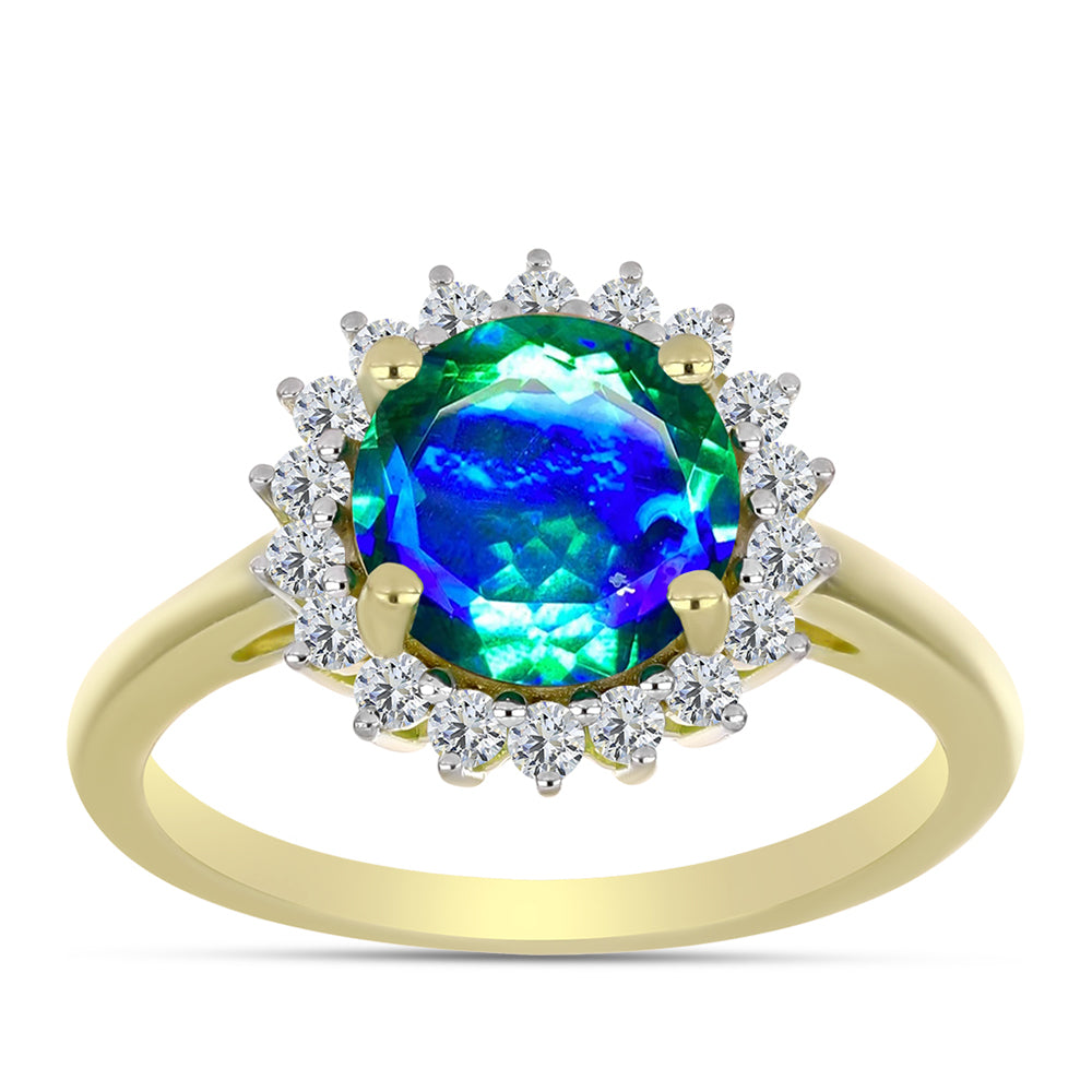 Inel din Argint 925 Placat cu Aur ( 2.99 grame ) cu Cuarț Păun și Topaz Alb 3.12 Carate