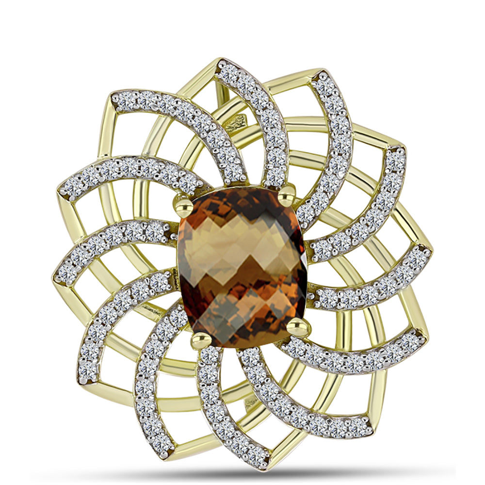 Broşă din Argint 925 Placat cu Aur ( 4.6 grame ) cu Cuarț Coniac și Topaz Alb 3.05 Carate 1 