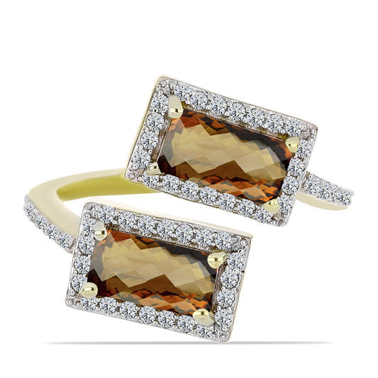 Inel din Argint 925 Placat cu Aur ( 3.38 grame ) cu Cuarț Coniac și Topaz Alb 1.81 Carate