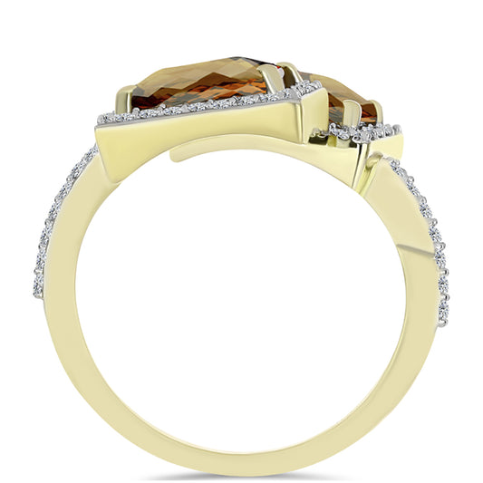 Inel din Argint 925 Placat cu Aur ( 3.38 grame ) cu Cuarț Coniac și Topaz Alb 1.81 Carate