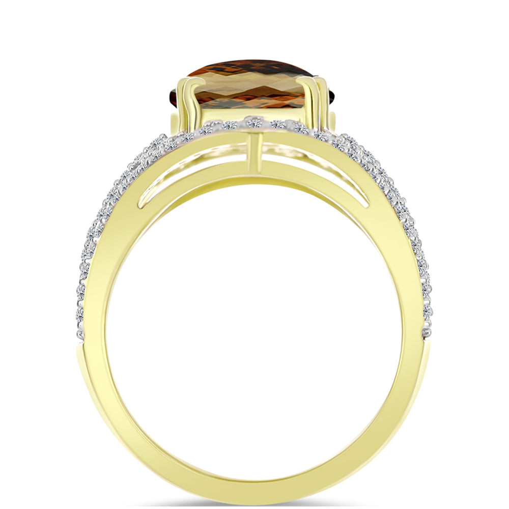 Inel din Argint 925 Placat cu Aur ( 5.72 grame ) cu Cuarț Coniac și Topaz Alb 5.51 Carate