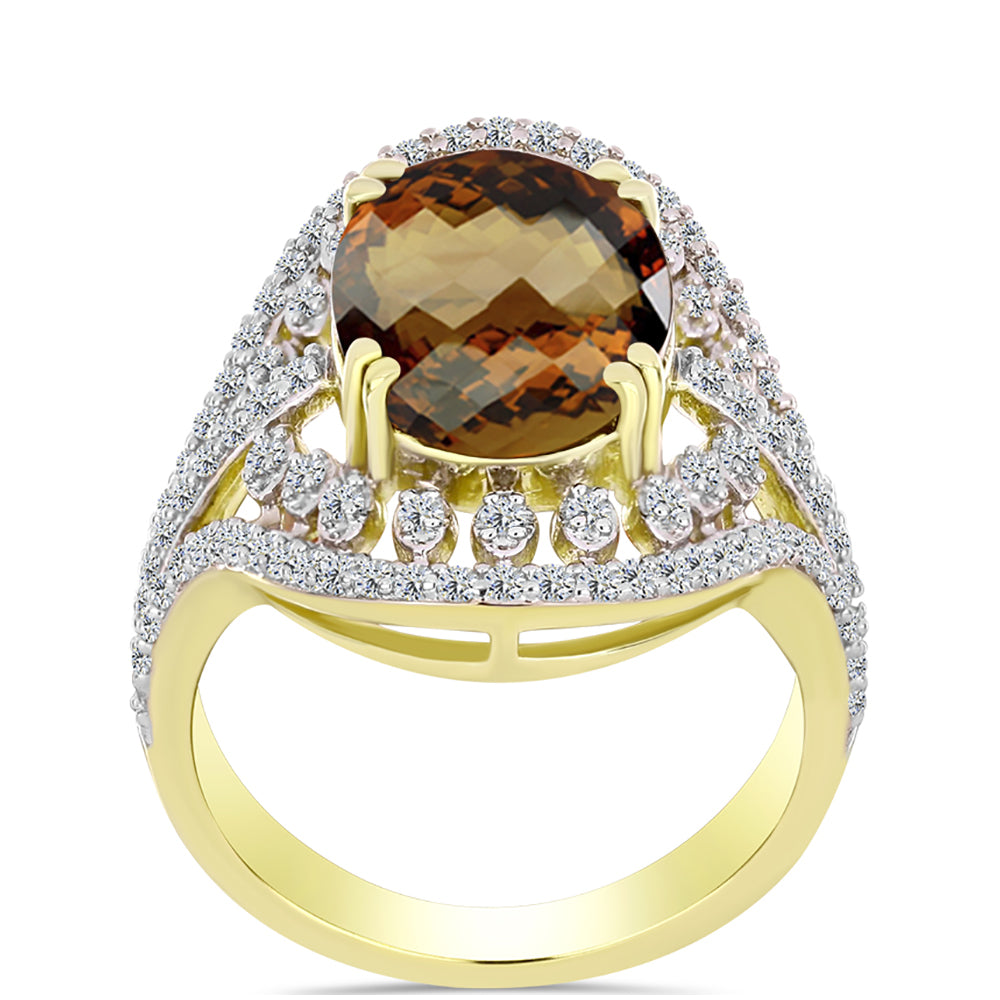 Inel din Argint 925 Placat cu Aur ( 5.72 grame ) cu Cuarț Coniac și Topaz Alb 5.51 Carate 3 