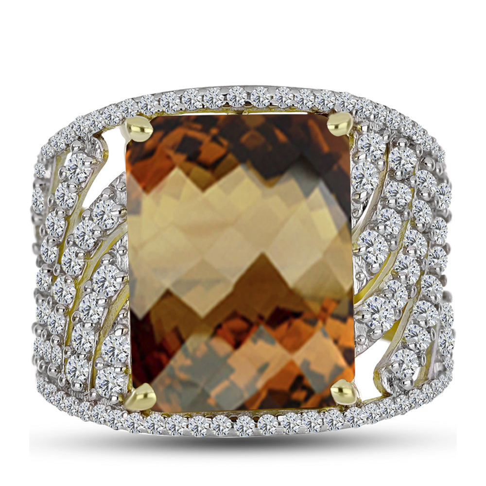 Inel din Argint 925 Placat cu Aur ( 6.53 grame ) cu Cuarț Coniac și Topaz Alb 10.95 Carate 1 