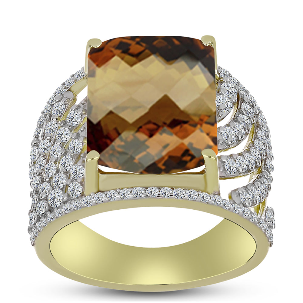 Inel din Argint 925 Placat cu Aur ( 6.53 grame ) cu Cuarț Coniac și Topaz Alb 10.95 Carate