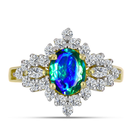 Inel din Argint 925 Placat cu Aur ( 3.49 grame ) cu Cuarț Păun și Topaz Alb 2.43 Carate
