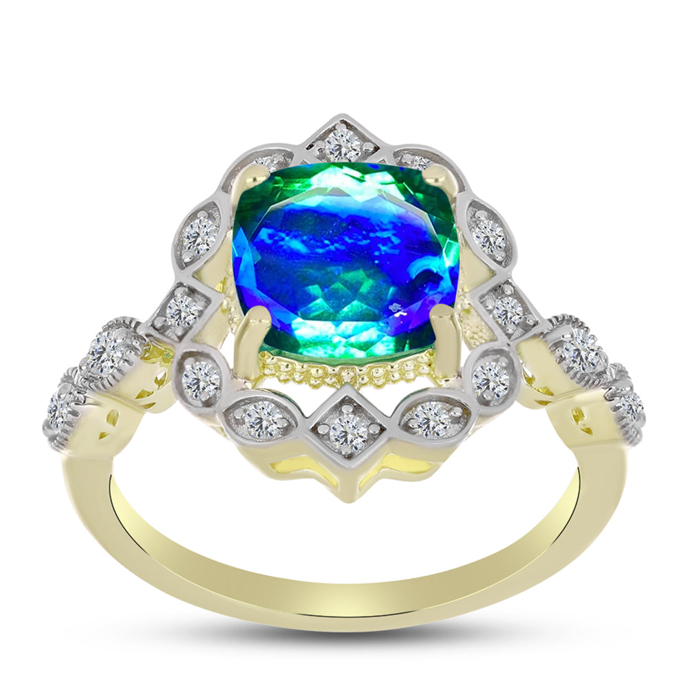 Inel din Argint 925 Placat cu Aur ( 3.88 grame ) cu Cuarț Păun și Topaz Alb 3 Carate 2 