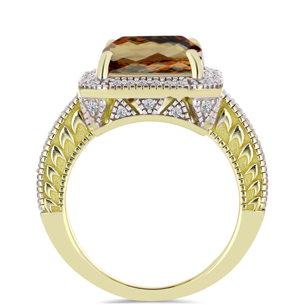 Inel din Argint 925 Placat cu Aur ( 7.26 grame ) cu Cuarț Coniac și Topaz Alb 5.91 Carate