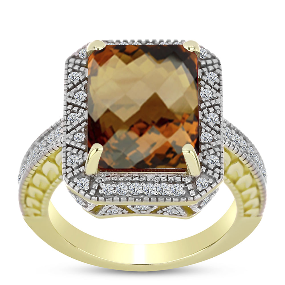 Inel din Argint 925 Placat cu Aur ( 7.26 grame ) cu Cuarț Coniac și Topaz Alb 5.91 Carate