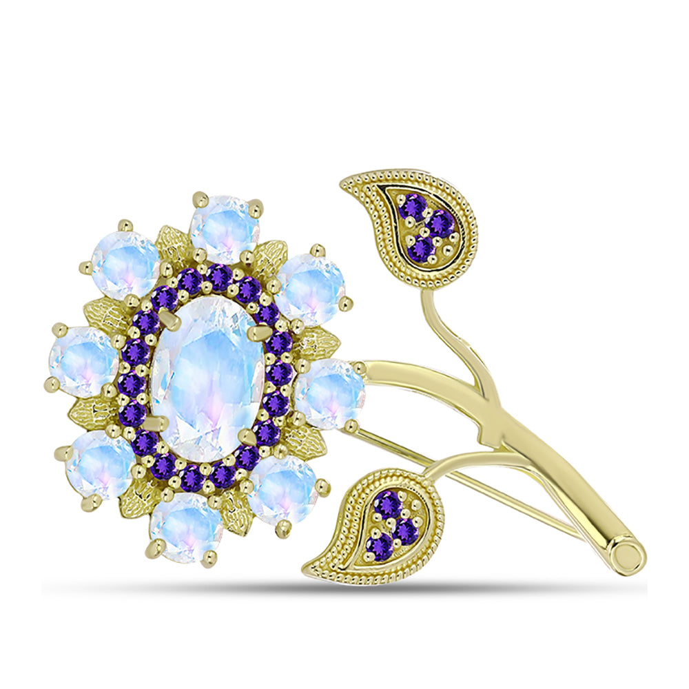 Broşă din Argint 925 Placat cu Aur ( 6.58 grame ) cu Piatra Lunii Curcubeu și Ametist Marocan 8.27 Carate 1 