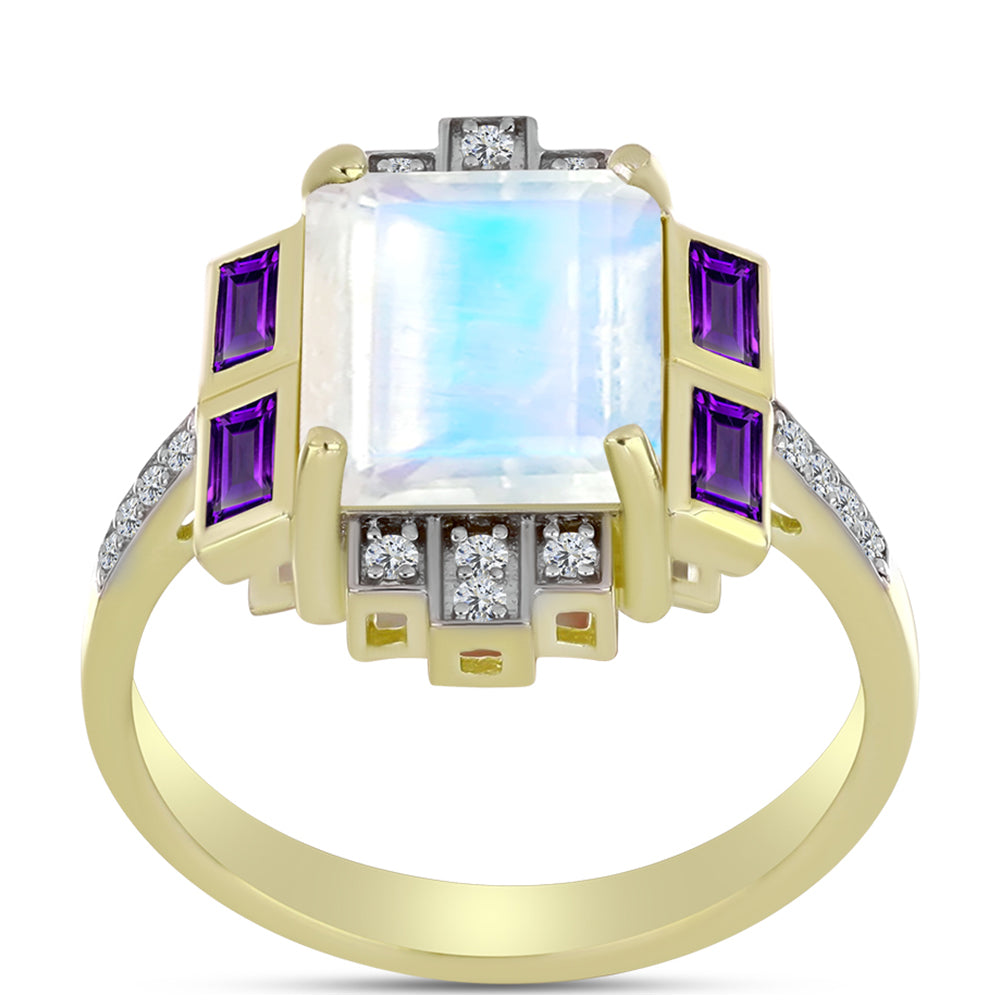 Inel din Argint 925 Placat cu Aur ( 3.37 grame ) cu Piatra Lunii Curcubeu și Ametist Marocan 4.7 Carate