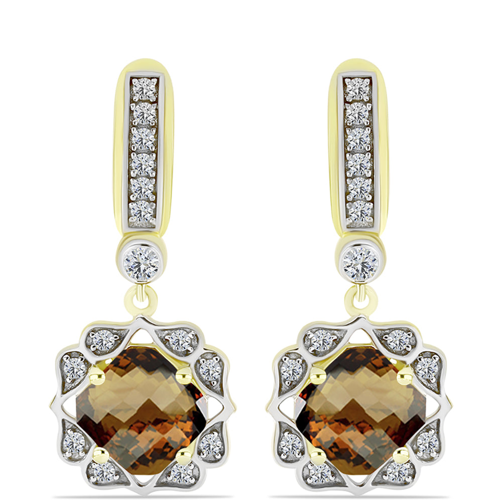 Cercei din Argint 925 Placat cu Aur ( 5.01 grame ) cu Cuarț Coniac și Topaz Alb 4.86 Carate