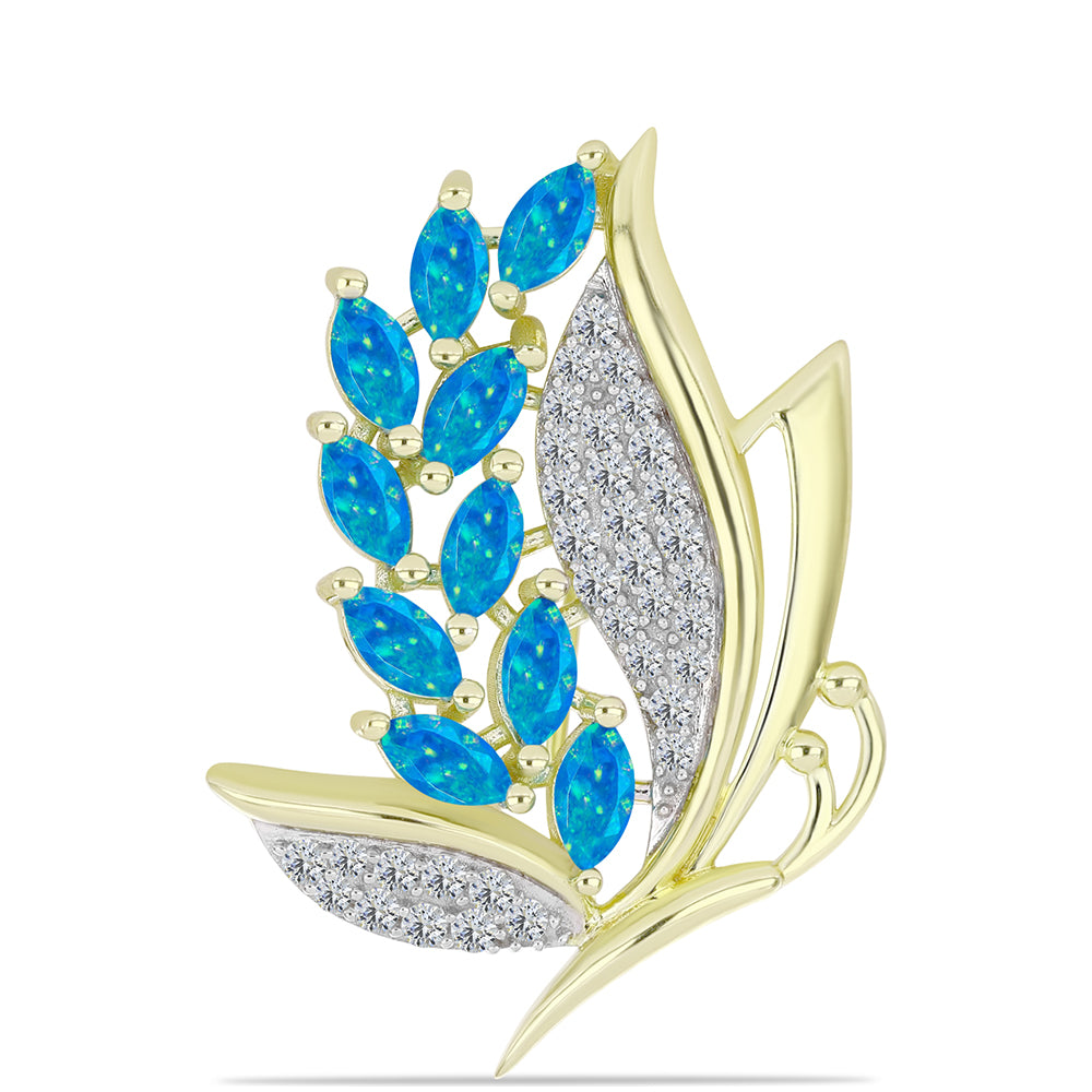 Broşă din Argint 925 Placat cu Aur ( 4.69 grame ) cu Opal Albastru Etiopian Paraiba și Topaz Alb 1.39 Carate 1 