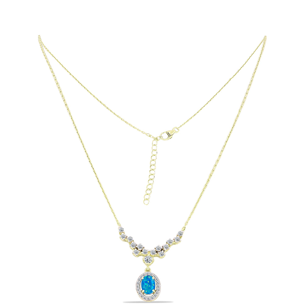 Colier din Argint 925 Placat cu Aur ( 4.76 grame ) cu Opal Albastru Etiopian Paraiba și Topaz Alb 1.36 Carate