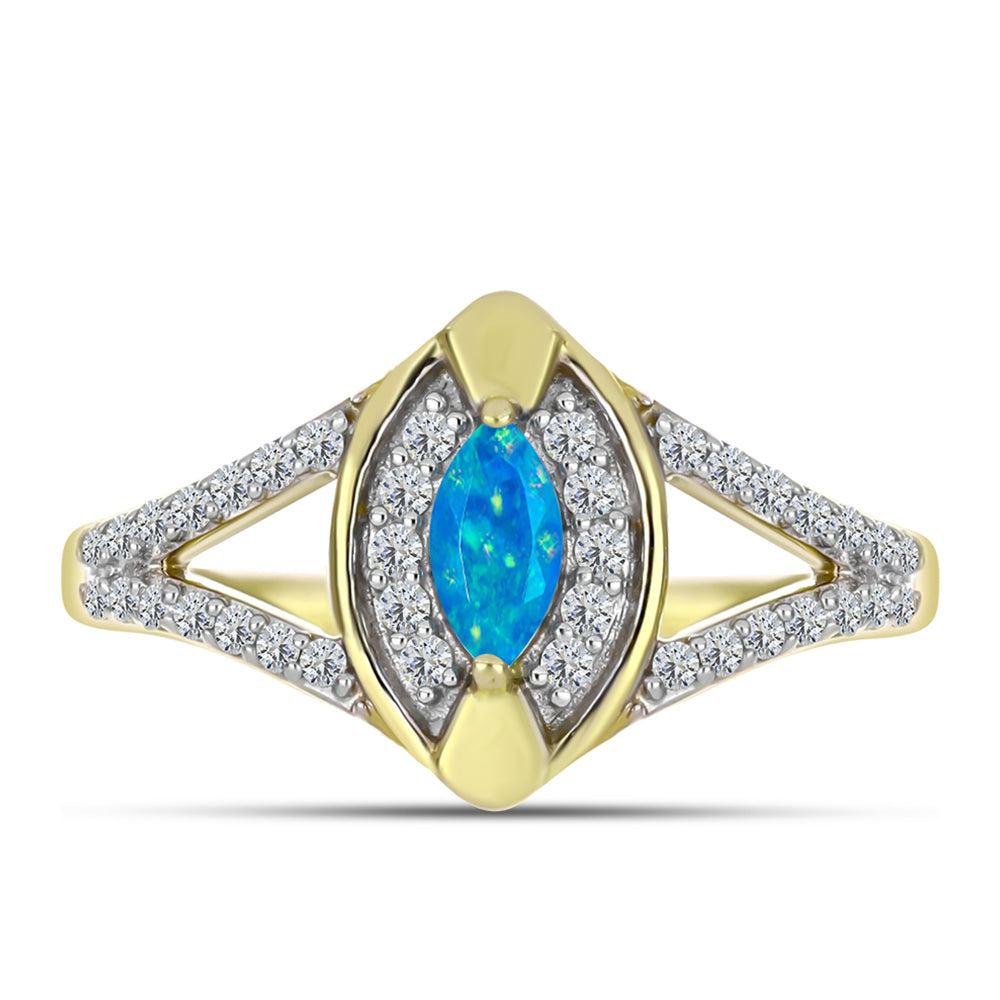 Inel din Argint 925 Placat cu Aur ( 3.28 grame ) cu Opal Albastru Etiopian Paraiba și Topaz Alb 0.44 Carate
