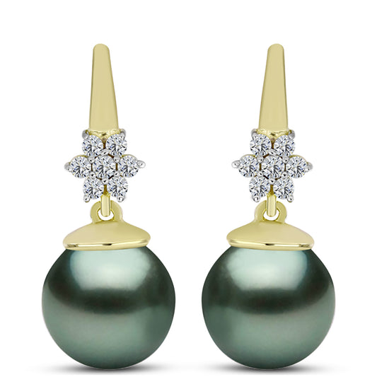 Cercei din Argint 925 Placat cu Aur ( 3.25 grame ) cu Perlă De apă Dulce cu Efect "Verde Tahitian" și Topaz Alb 16.24 Carate