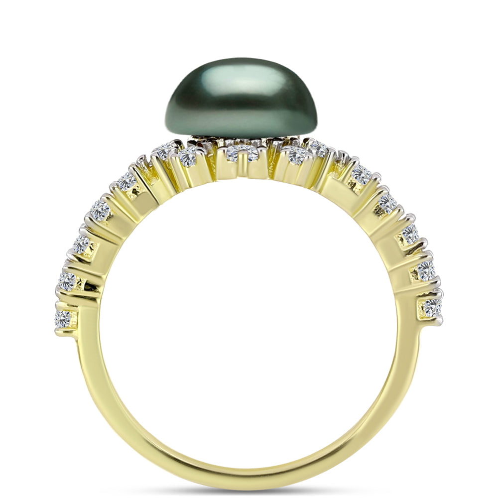 Inel din Argint 925 Placat cu Aur ( 2.3 grame ) cu Perlă De apă Dulce cu Efect "Verde Tahitian" și Topaz Alb 2.63 Carate
