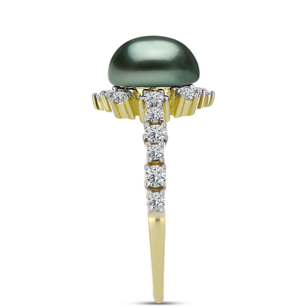 Inel din Argint 925 Placat cu Aur ( 2.3 grame ) cu Perlă De apă Dulce cu Efect "Verde Tahitian" și Topaz Alb 2.63 Carate