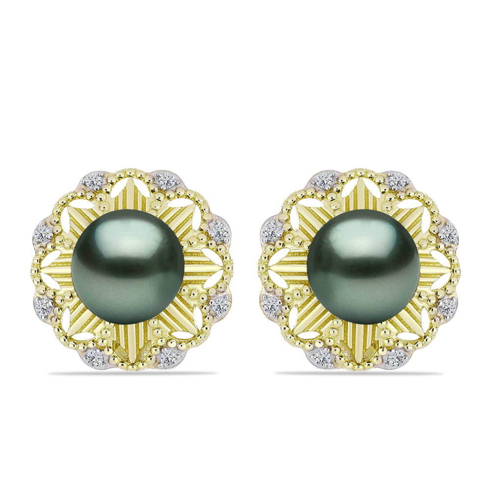 Cercei din Argint 925 Placat cu Aur ( 6.26 grame ) cu Perlă De apă Dulce cu Efect "Verde Tahitian" și Topaz Alb 4.45 Carate