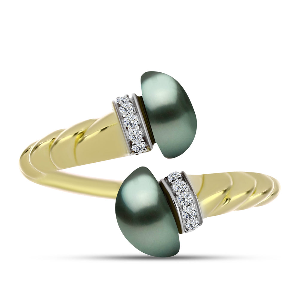 Inel din Argint 925 Placat cu Aur ( 3.91 grame ) cu Perlă De apă Dulce cu Efect "Verde Tahitian" și Topaz Alb 4.41 Carate 1 