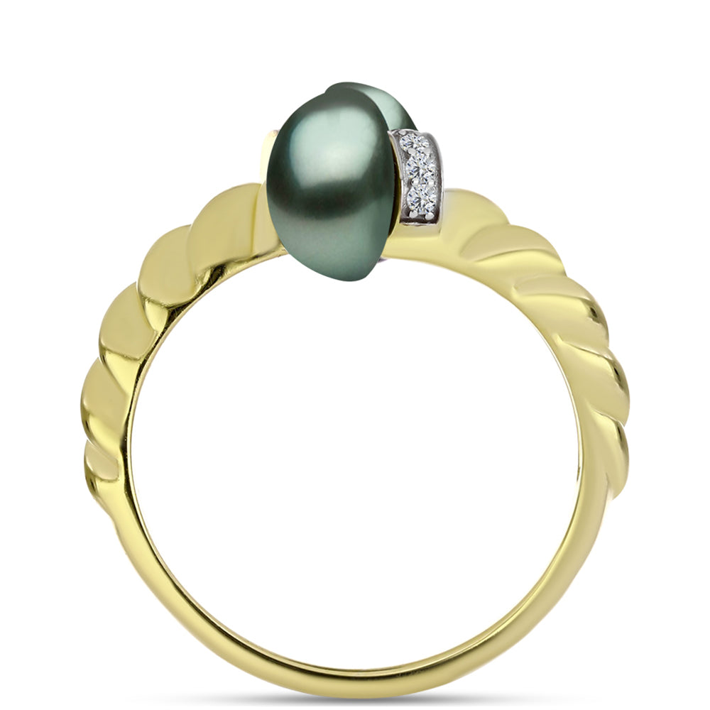 Inel din Argint 925 Placat cu Aur ( 3.91 grame ) cu Perlă De apă Dulce cu Efect "Verde Tahitian" și Topaz Alb 4.41 Carate