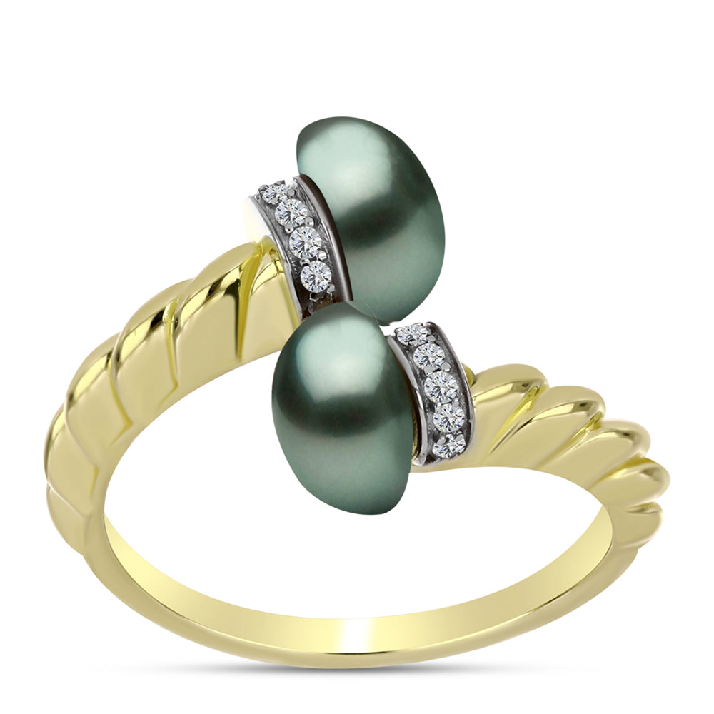 Inel din Argint 925 Placat cu Aur ( 3.91 grame ) cu Perlă De apă Dulce cu Efect "Verde Tahitian" și Topaz Alb 4.41 Carate 3 