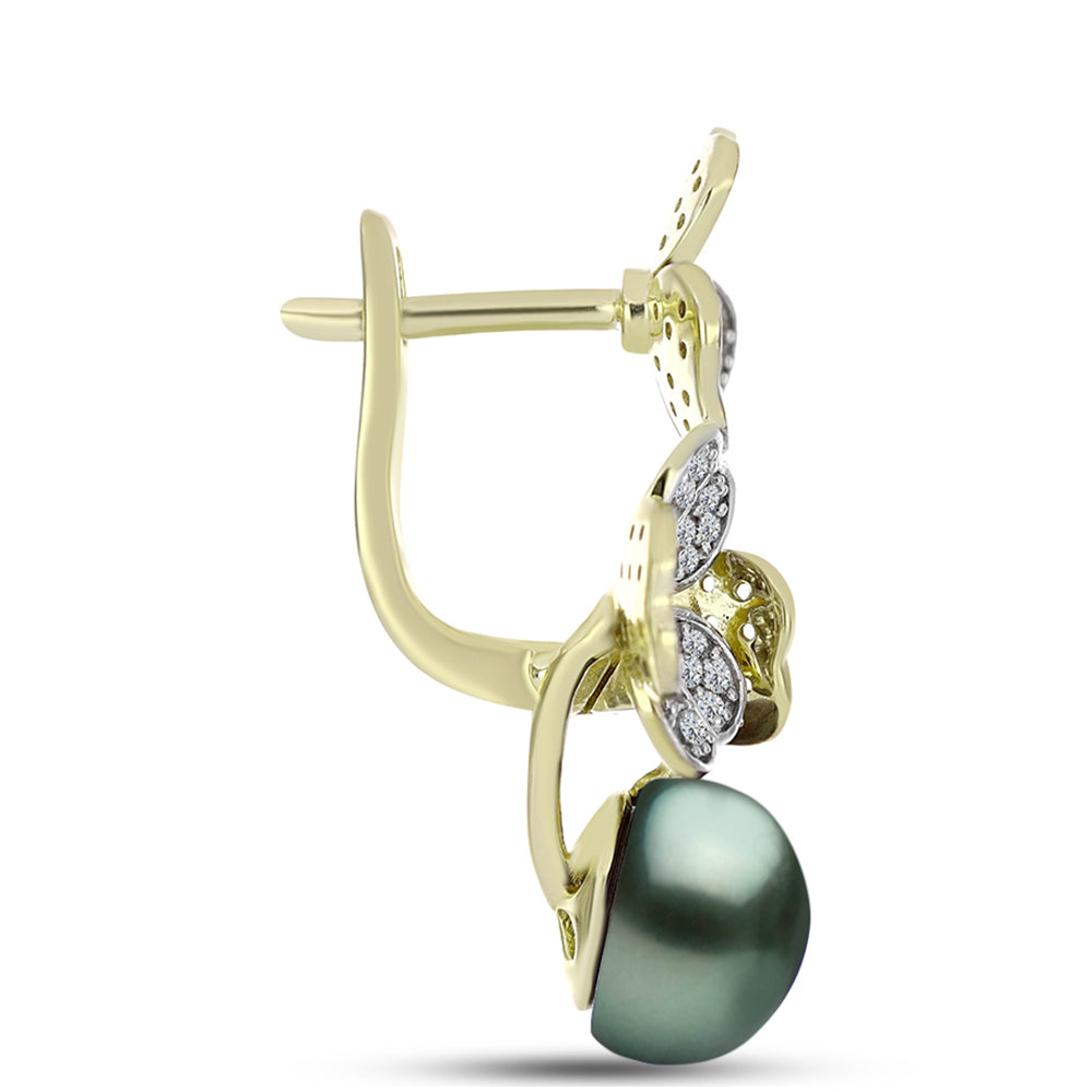 Cercei din Argint 925 Placat cu Aur ( 6.34 grame ) cu Perlă De apă Dulce cu Efect "Verde Tahitian" și Topaz Alb 5.25 Carate 2 