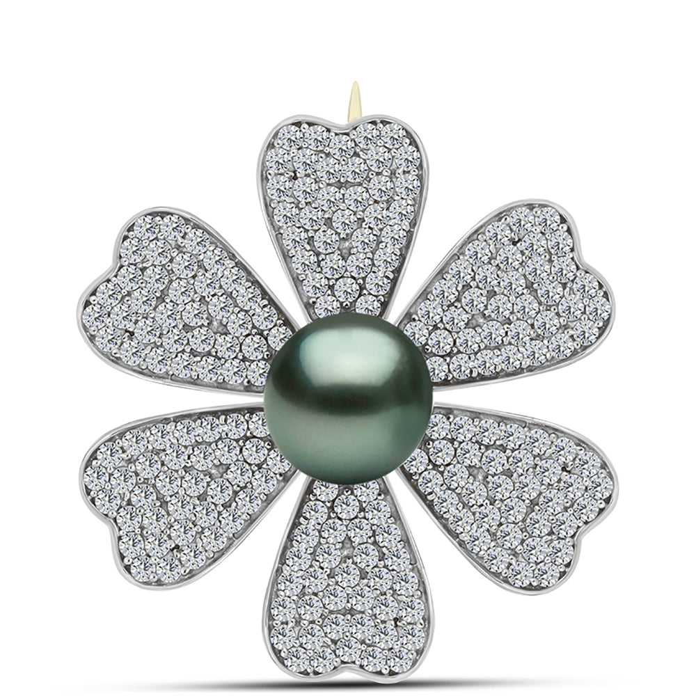 Broşă din Argint 925 Placat cu Aur ( 5.85 grame ) cu Perlă De apă Dulce cu Efect "Verde Tahitian" și Topaz Alb 4.02 Carate