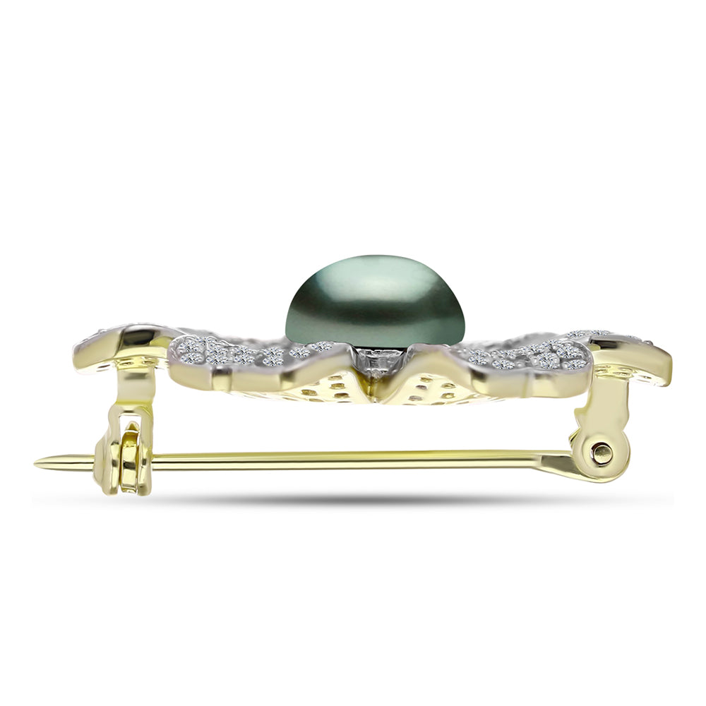 Broşă din Argint 925 Placat cu Aur ( 5.85 grame ) cu Perlă De apă Dulce cu Efect "Verde Tahitian" și Topaz Alb 4.02 Carate 2 