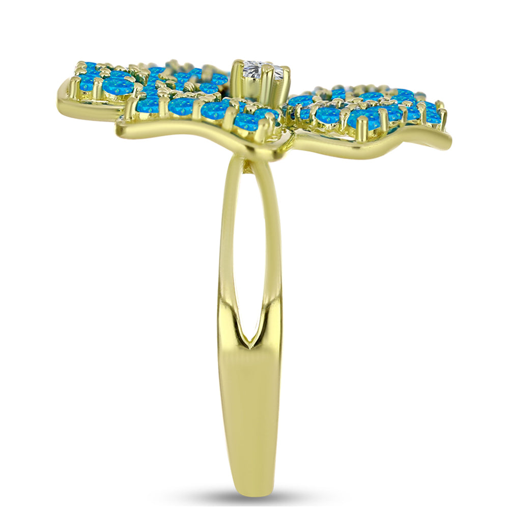 Inel din Argint 925 Placat cu Aur ( 6.57 grame ) cu Opal Albastru Etiopian Paraiba și Topaz Alb 1.63 Carate 4 