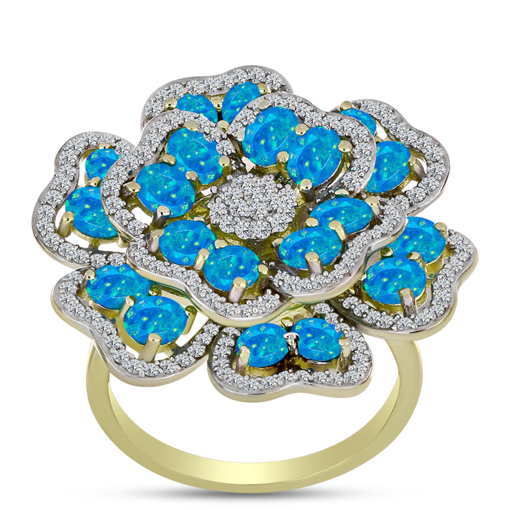 Inel din Argint 925 Placat cu Aur ( 7.63 grame ) cu Opal Albastru Etiopian Paraiba și Topaz Alb 3.24 Carate 2 