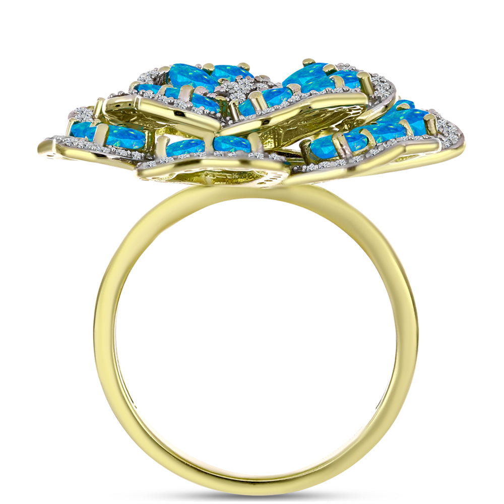 Inel din Argint 925 Placat cu Aur ( 7.63 grame ) cu Opal Albastru Etiopian Paraiba și Topaz Alb 3.24 Carate 4 