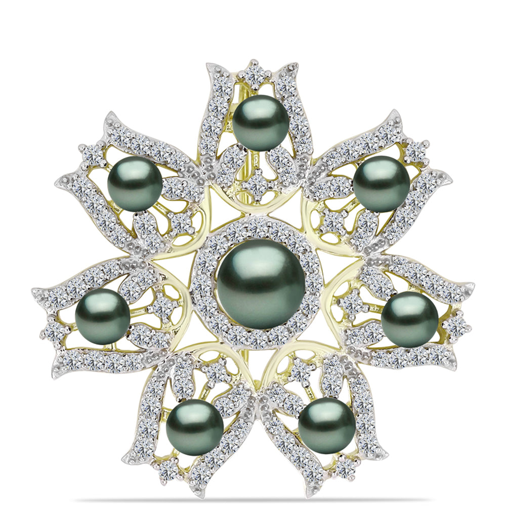 Broşă din Argint 925 Placat cu Aur ( 7.3 grame ) cu Perlă De apă Dulce cu Efect "Verde Tahitian" și Topaz Alb 5.53 Carate 1 