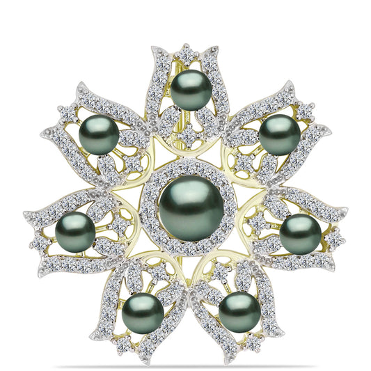 Broşă din Argint 925 Placat cu Aur ( 7.3 grame ) cu Perlă De apă Dulce cu Efect "Verde Tahitian" și Topaz Alb 5.53 Carate