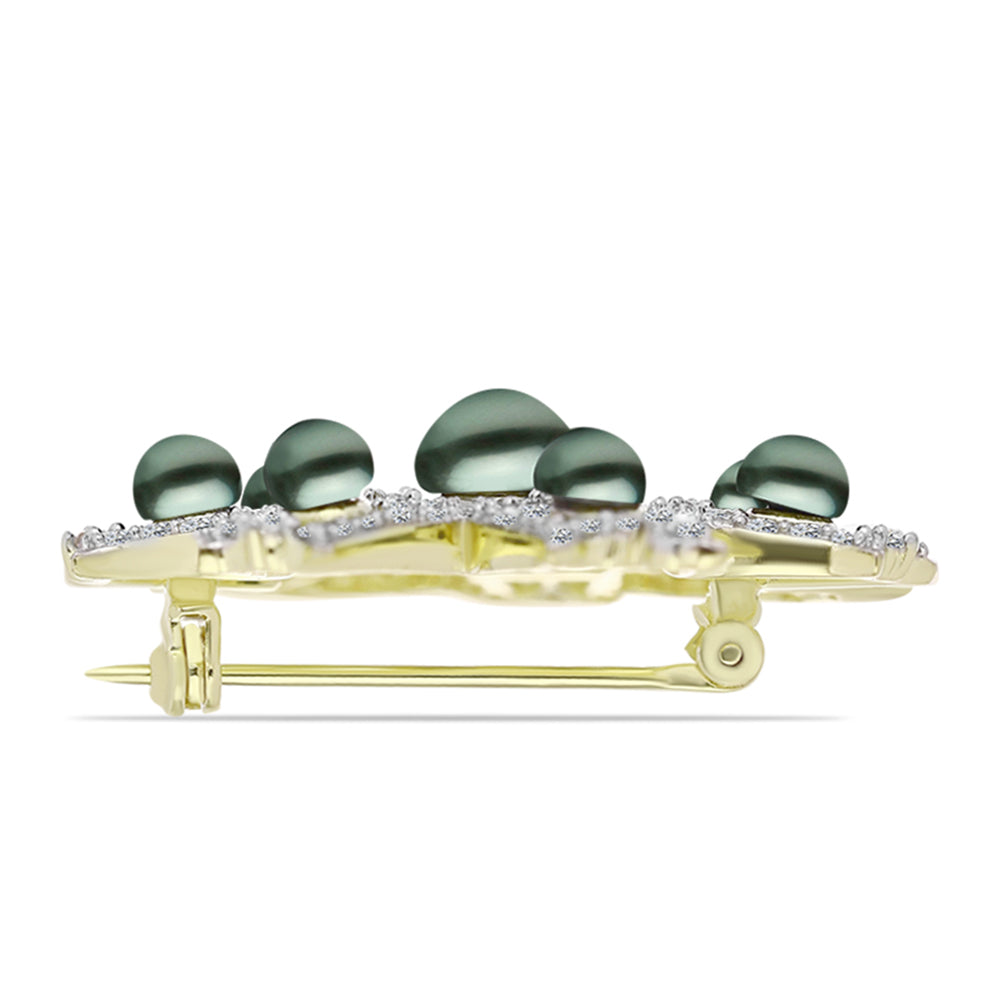 Broşă din Argint 925 Placat cu Aur ( 7.3 grame ) cu Perlă De apă Dulce cu Efect "Verde Tahitian" și Topaz Alb 5.53 Carate 2 