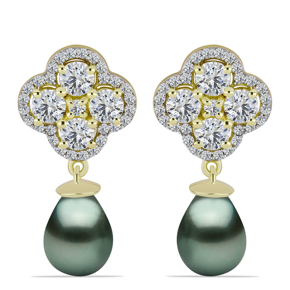 Cercei din Argint 925 Placat cu Aur ( 4.44 grame ) cu Perlă De apă Dulce cu Efect "Verde Tahitian" și Topaz Alb 13.1 Carate