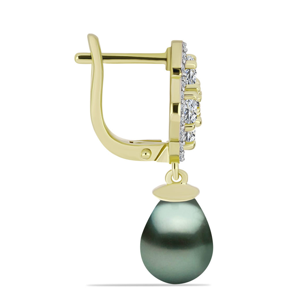 Cercei din Argint 925 Placat cu Aur ( 4.44 grame ) cu Perlă De apă Dulce cu Efect "Verde Tahitian" și Topaz Alb 13.1 Carate 2 