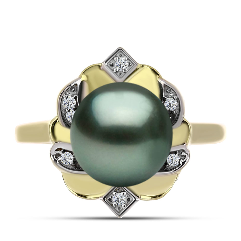 Inel din Argint 925 Placat cu Aur ( 4 grame ) cu Perlă De apă Dulce cu Efect "Verde Tahitian" și Topaz Alb 3.92 Carate 1 