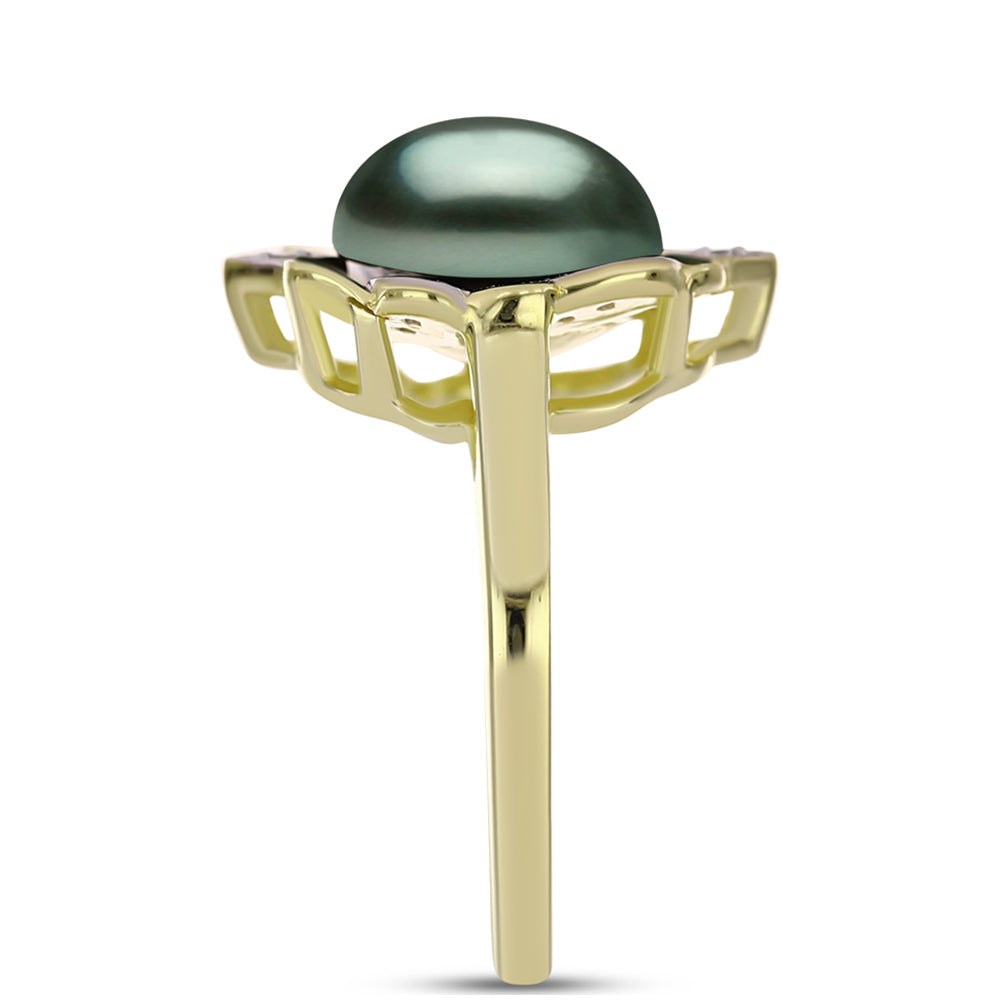 Inel din Argint 925 Placat cu Aur ( 4 grame ) cu Perlă De apă Dulce cu Efect "Verde Tahitian" și Topaz Alb 3.92 Carate