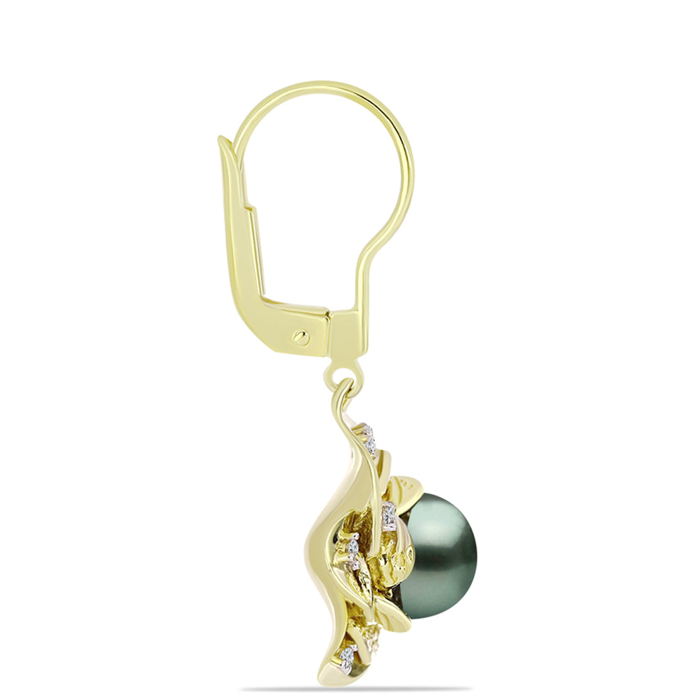 Cercei din Argint 925 Placat cu Aur ( 6.1 grame ) cu Perlă De apă Dulce cu Efect "Verde Tahitian" și Topaz Alb 2.6 Carate 2 