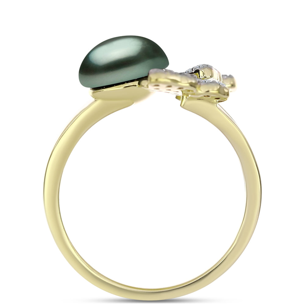Inel din Argint 925 Placat cu Aur ( 3.31 grame ) cu Perlă De apă Dulce cu Efect "Verde Tahitian" și Topaz Alb 2.57 Carate