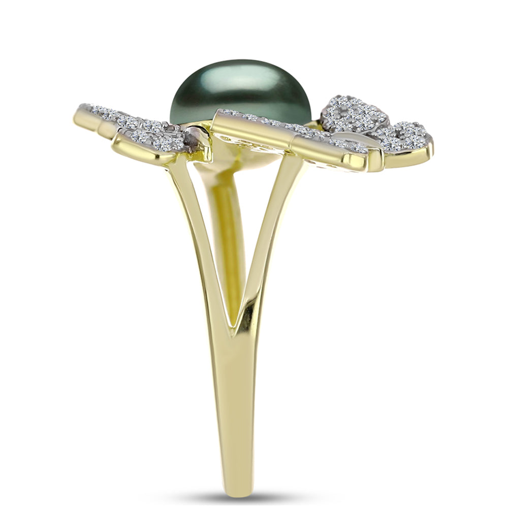 Inel din Argint 925 Placat cu Aur ( 3.31 grame ) cu Perlă De apă Dulce cu Efect "Verde Tahitian" și Topaz Alb 2.57 Carate 4 