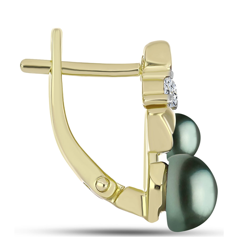 Cercei din Argint 925 Placat cu Aur ( 4.32 grame ) cu Perlă De apă Dulce cu Efect "Verde Tahitian" și Topaz Alb 3.33 Carate 2 