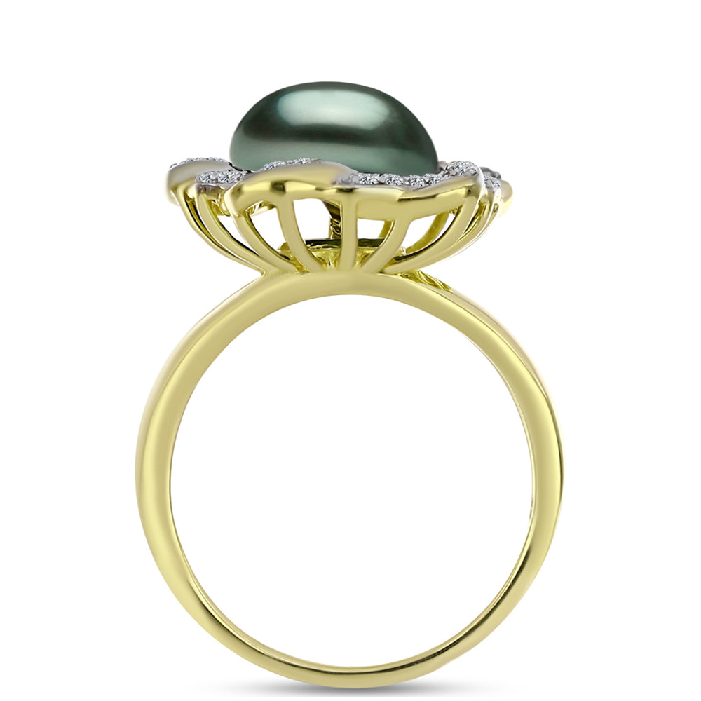 Inel din Argint 925 Placat cu Aur ( 4.54 grame ) cu Perlă De apă Dulce cu Efect "Verde Tahitian" și Topaz Alb 4.21 Carate 2 