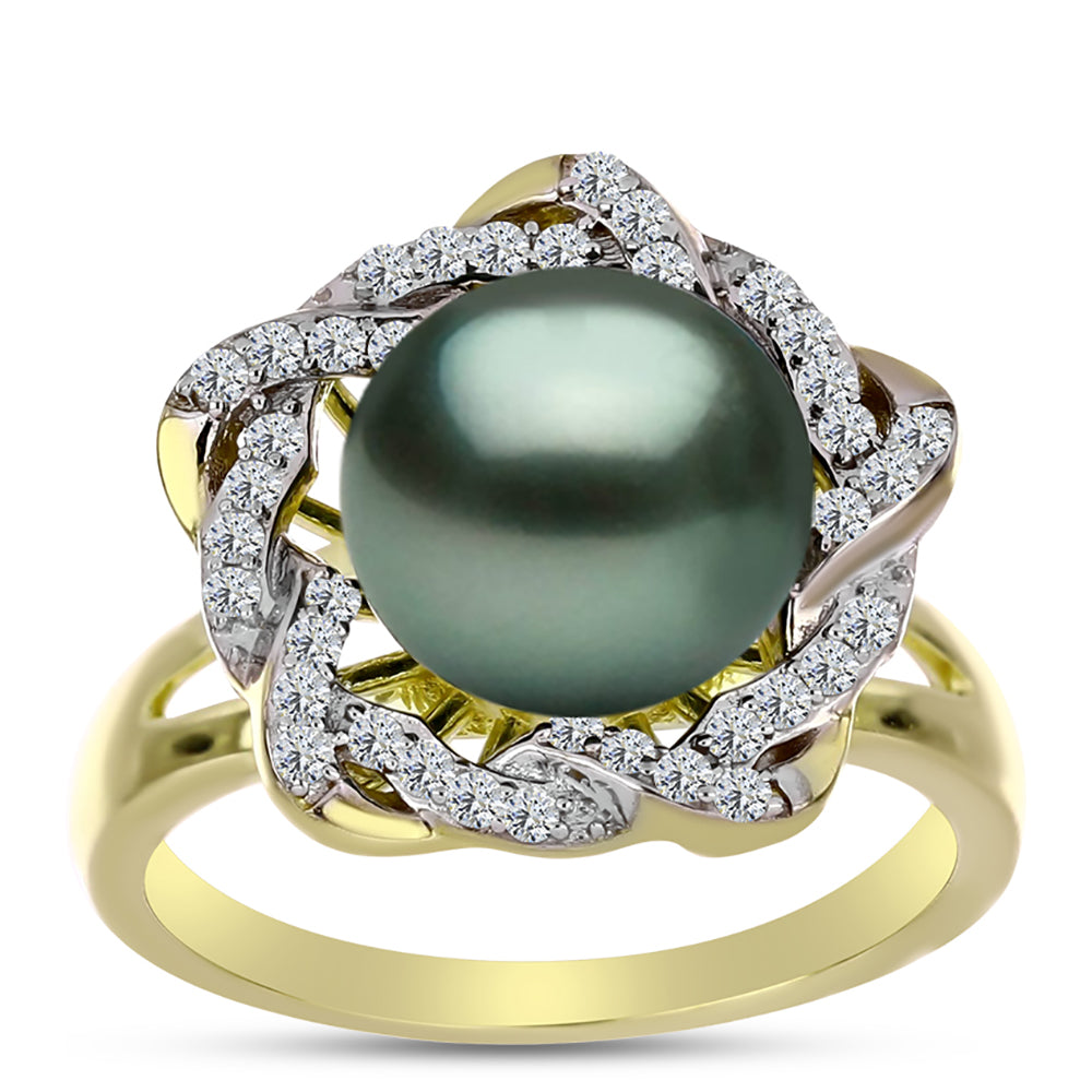 Inel din Argint 925 Placat cu Aur ( 4.54 grame ) cu Perlă De apă Dulce cu Efect "Verde Tahitian" și Topaz Alb 4.21 Carate 3 