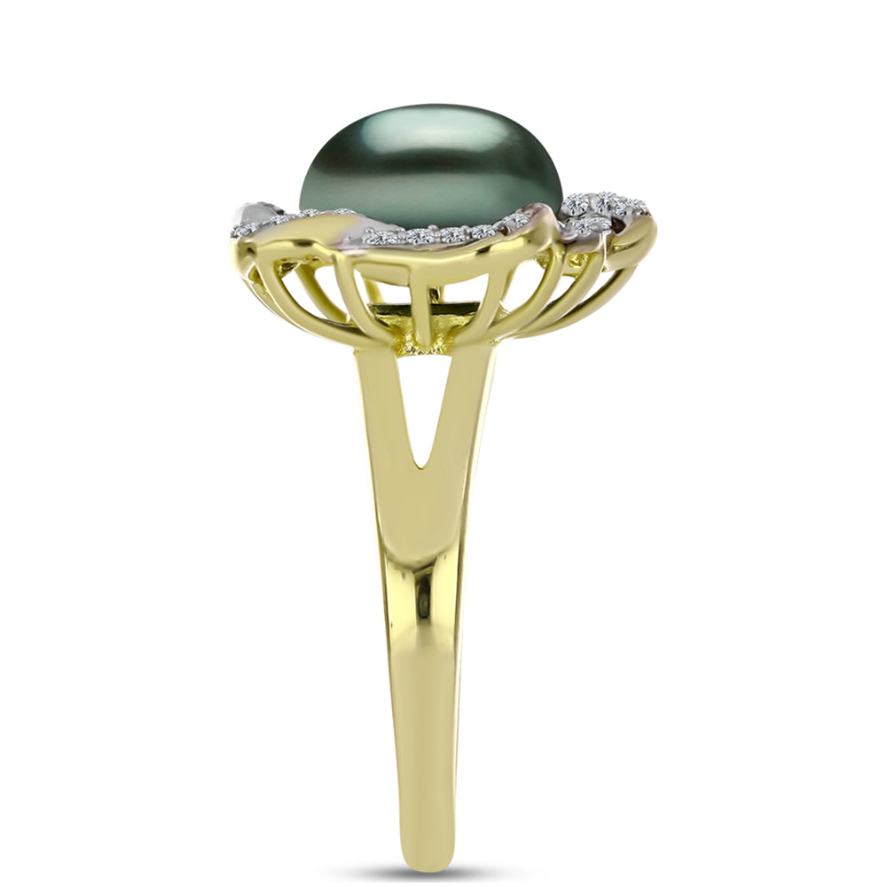 Inel din Argint 925 Placat cu Aur ( 4.54 grame ) cu Perlă De apă Dulce cu Efect "Verde Tahitian" și Topaz Alb 4.21 Carate