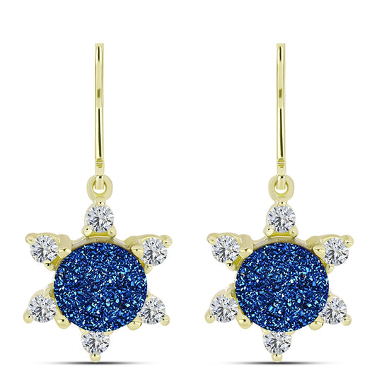 Cercei din Argint 925 Placat cu Aur ( 3.33 grame ) cu Albastru Drusy și Topaz Alb 5.05 Carate