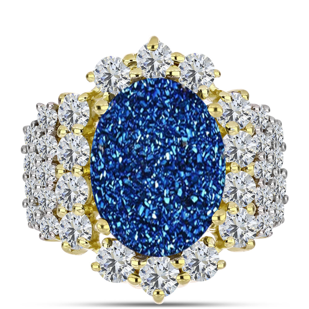 Inel din Argint 925 Placat cu Aur ( 4.84 grame ) cu Albastru Drusy și Topaz Alb 8.62 Carate