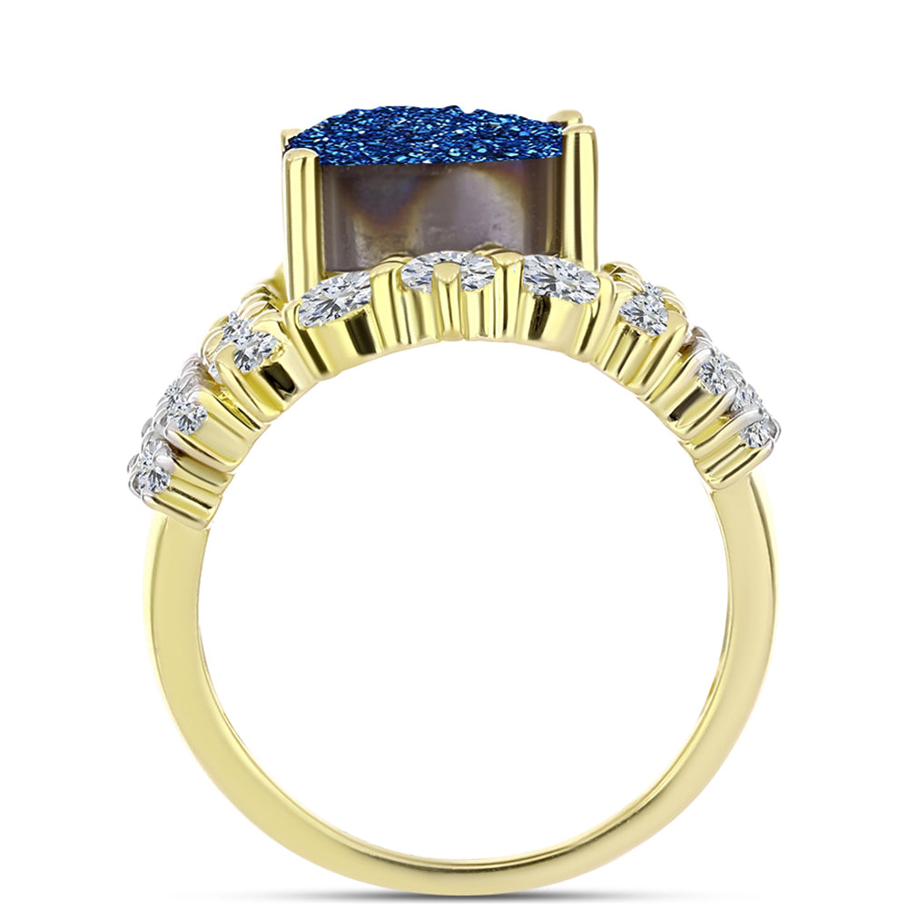 Inel din Argint 925 Placat cu Aur ( 4.84 grame ) cu Albastru Drusy și Topaz Alb 8.62 Carate 2 