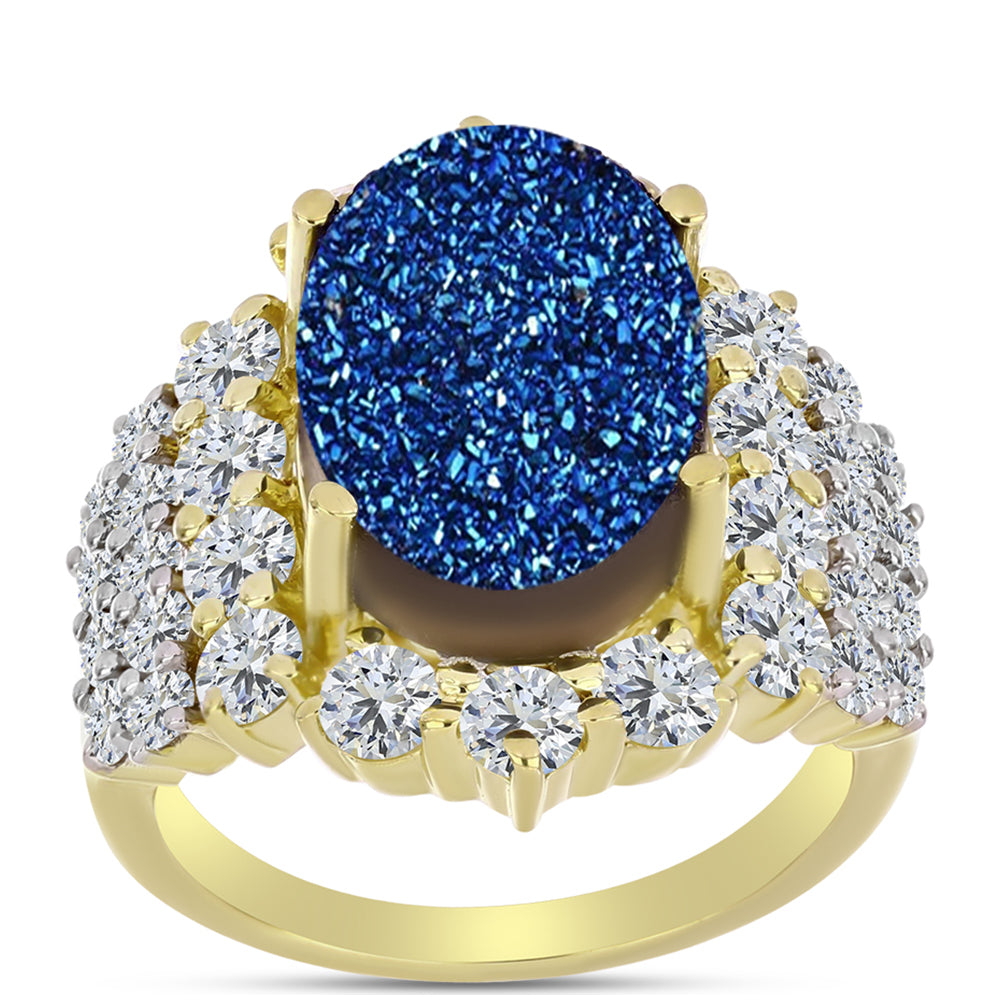 Inel din Argint 925 Placat cu Aur ( 4.84 grame ) cu Albastru Drusy și Topaz Alb 8.62 Carate 3 