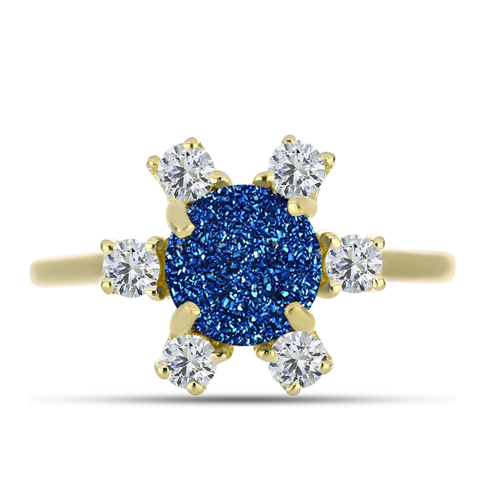 Inel din Argint 925 Placat cu Aur ( 3.13 grame ) cu Albastru Drusy și Topaz Alb 2.9 Carate